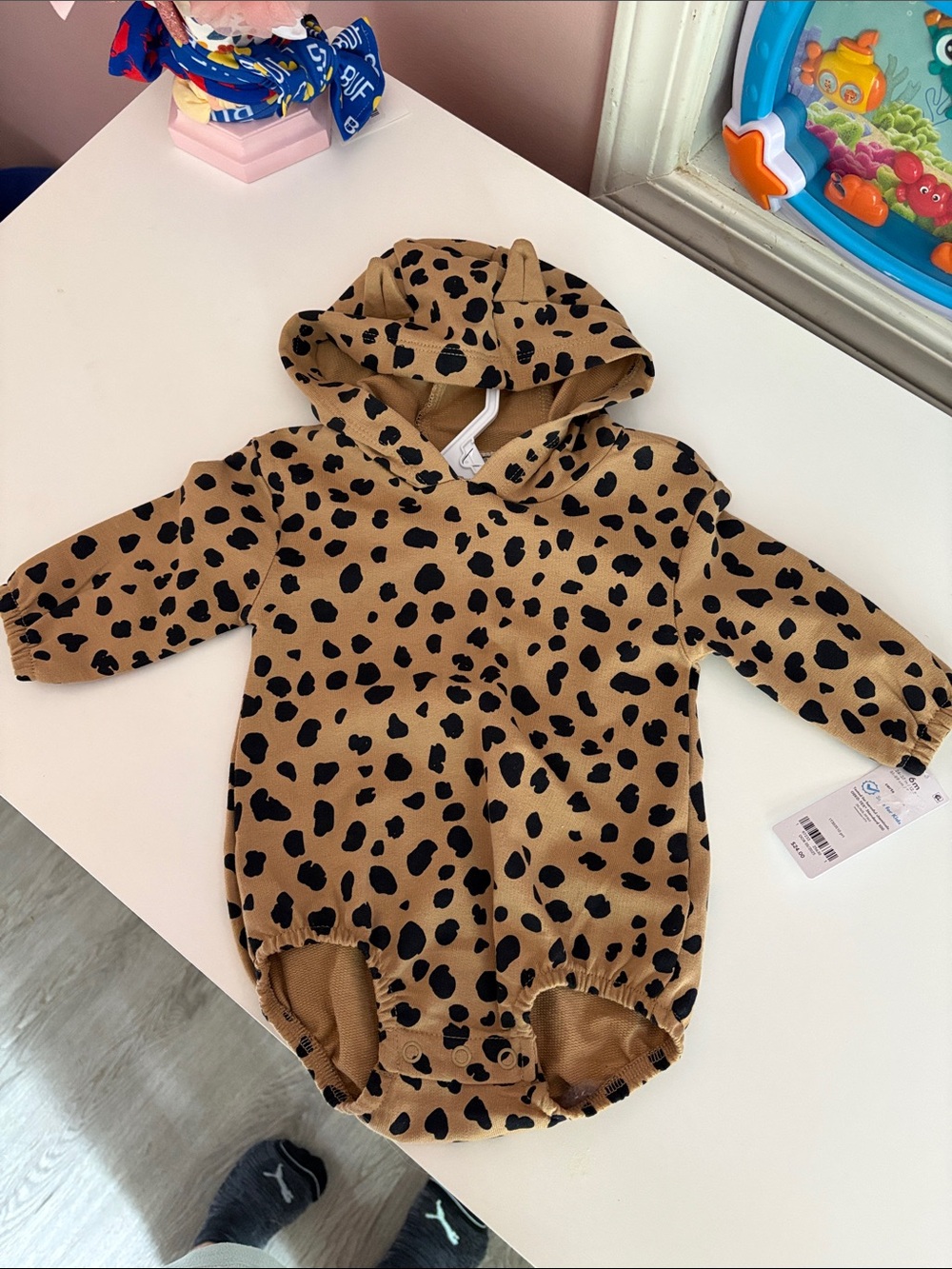 Carter's Camel and Black Leopard Print Hooded Baby Romper